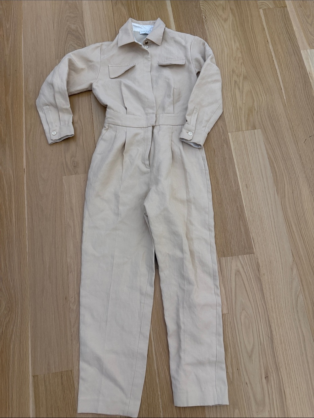 Sandro Beige Long-Sleeve Utility Jumpsuit